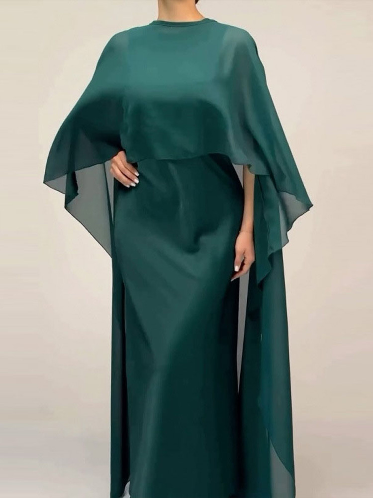 Robe Maxi en Satin pour femmes, grande taille, avec Cape en mousseline de soie, ample, élégante, sans manches, robe formelle, tenue de Festival décontractée, été