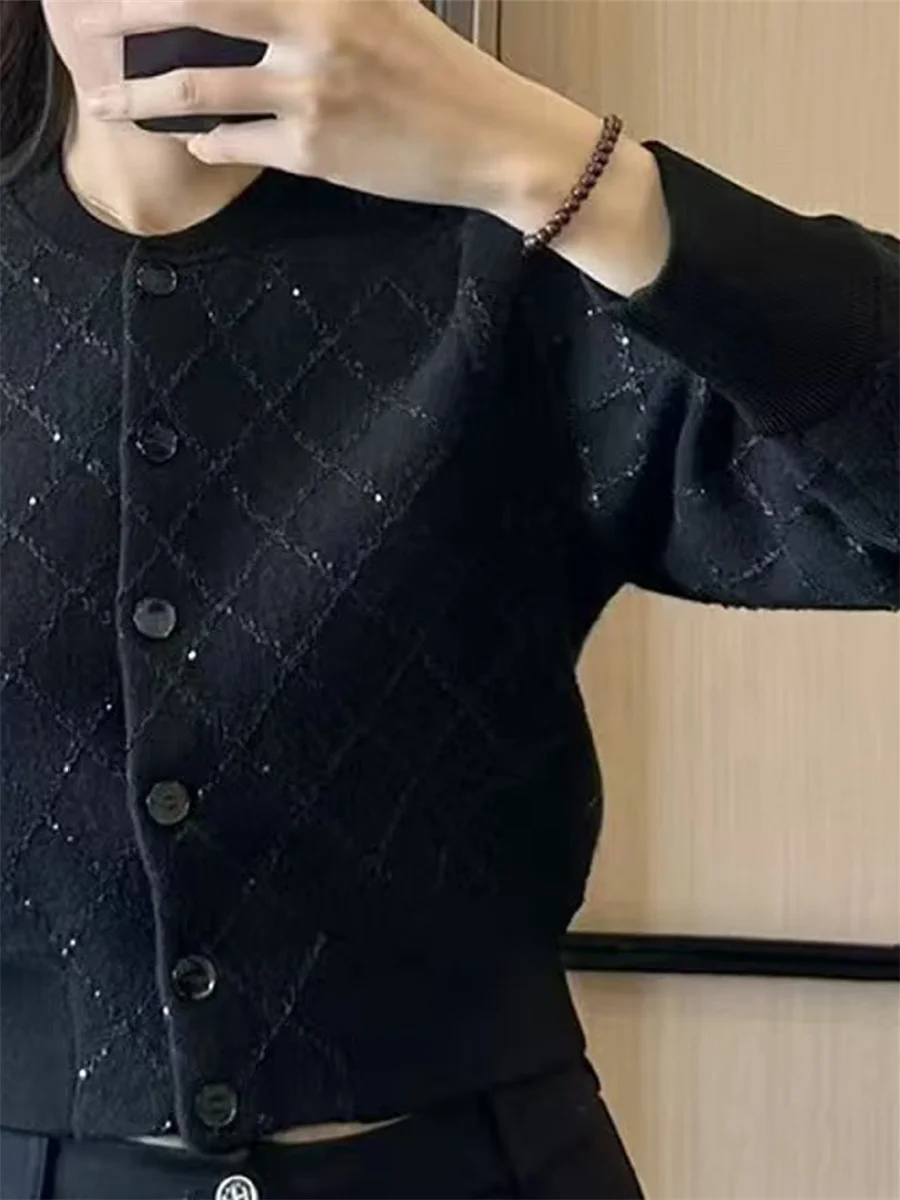 Pull tricoté noir à manches longues pour femme, Slim, col rond, paillettes, motif diamant, simple boutonnage, Cardigan