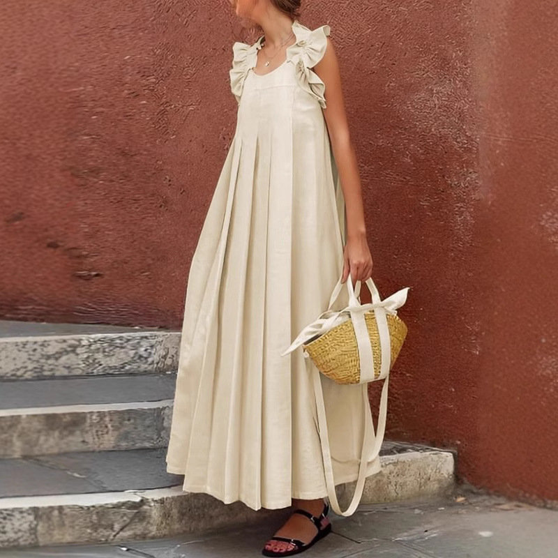 Robe longue décontractée sans manches, couleur unie, mode, ample, plissée, grand ourlet, ligne a, nouvelle collection printemps été, robes de Style de vacances