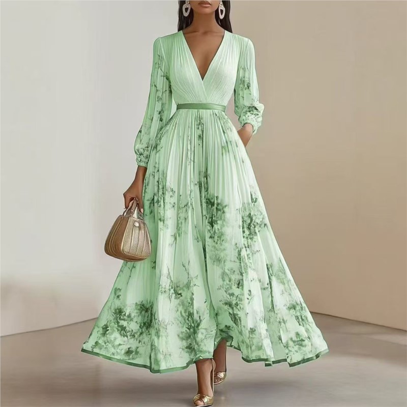 Robes longues plissées à imprimé floral pour femmes, style bohème, sexy, col en V profond, manches longues, drapées, décontractées, pour les vacances et les fêtes