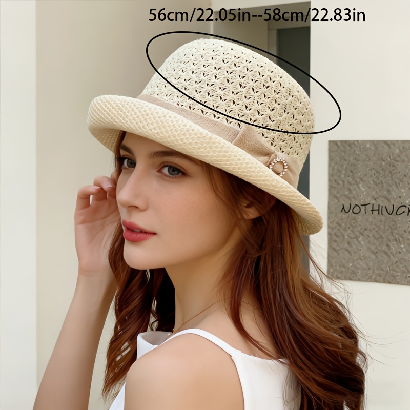 Chapeau Bob Femme Respirant au Crochet avec Nœud et Strass, Idéal pour les Sorties Décontractées, les Vacances et les Activités Estivales