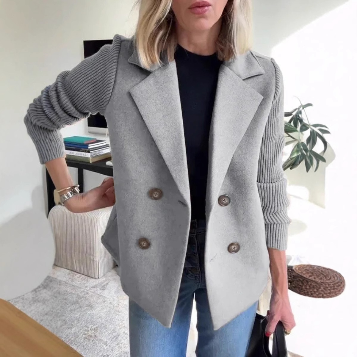 Manteau pour femme à manches tricotées, patchwork, double boutonnage, col rabattu, coupe ample, style veste de costume, style professionnel formel, manteau pull