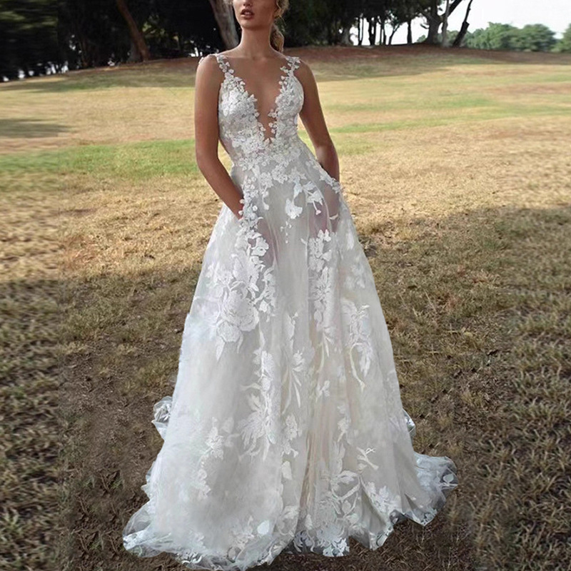 Robes pour femmes 2026 – Robes de mariée européennes en dentelle bouffante, sexy, blanches, à col halter, longues, pour demoiselles d'honneur – Vêtements féminins, vestidos