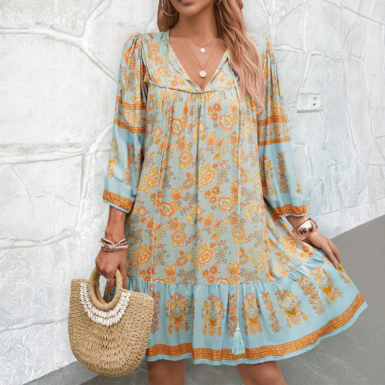 Canwelégiti- Robe imprimée bohème pour femme, col en V, chic, courte, adt fit, viscose, robes de vacances, hippicopter, robe éducative