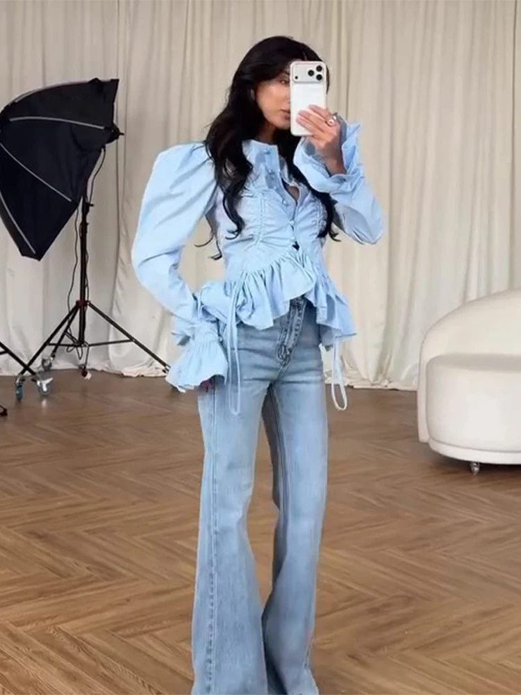 Chemisier plissé uni décontracté à volants pour femme, manches bouffantes courtes, simple boutonnage, collection Printemps-Été 2026