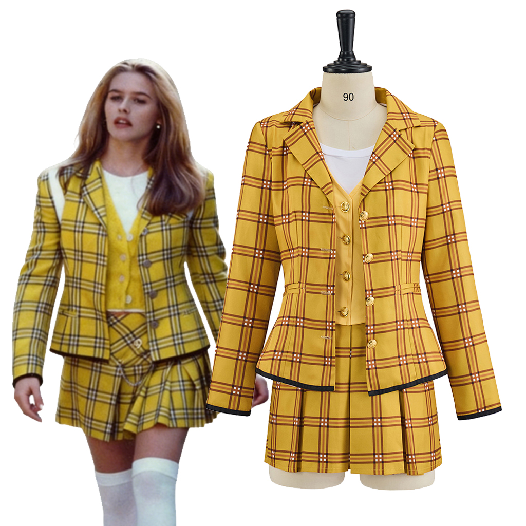 Film Clueless Cher Horowitz Cosplay uniforme à carreaux jaunes veste gilet jupes ensemble Halloween noël carnaval tenues de fête
