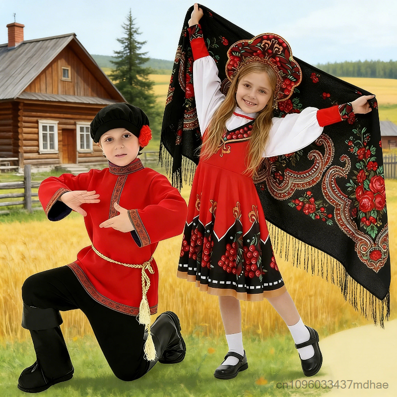 Tenue de danse traditionnelle russe rouge pour enfants, ensemble folklorique russe pour garçons et filles, costume de spectacle pour la Journée mondiale du livre
