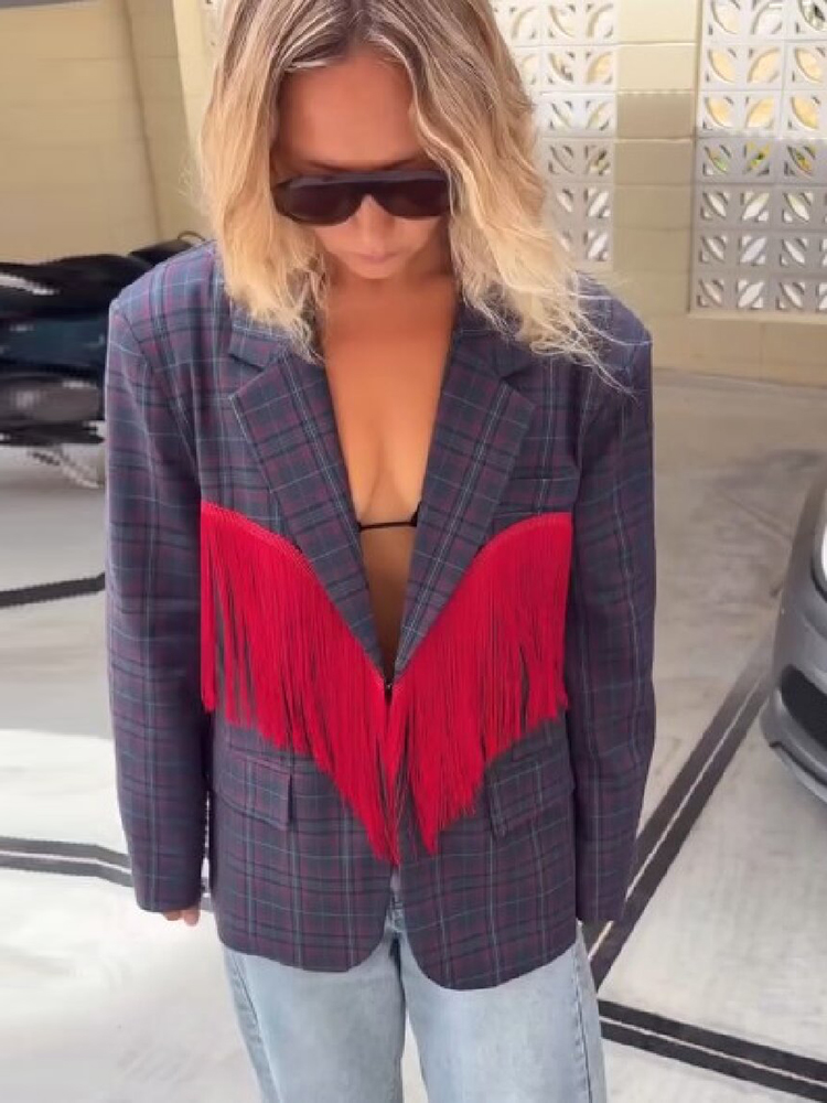 Blazer vintage à carreaux pour femme, tendance, avec empiècements contrastants rouges et franges, revers, manches longues, coupe oversize, chic, décontracté, streetwear