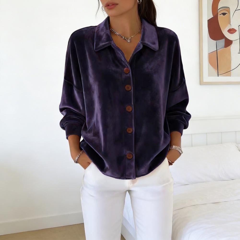 Chemise pour femmes, couleur unie, col à revers, manches longues, texture en velours, hauts pour femmes, coupe ample, boutons, patte de boutonnage, hauts de travail