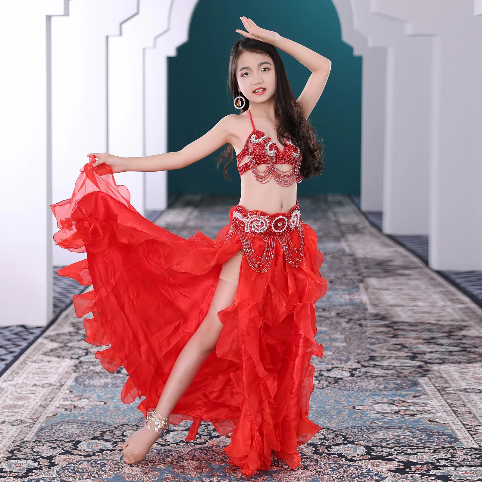 Ensemble de costumes de danse du ventre pour enfants, vêtements de danse orientale pour enfants, tenue pour filles, soutien-gorge, ceinture, jupe perlée