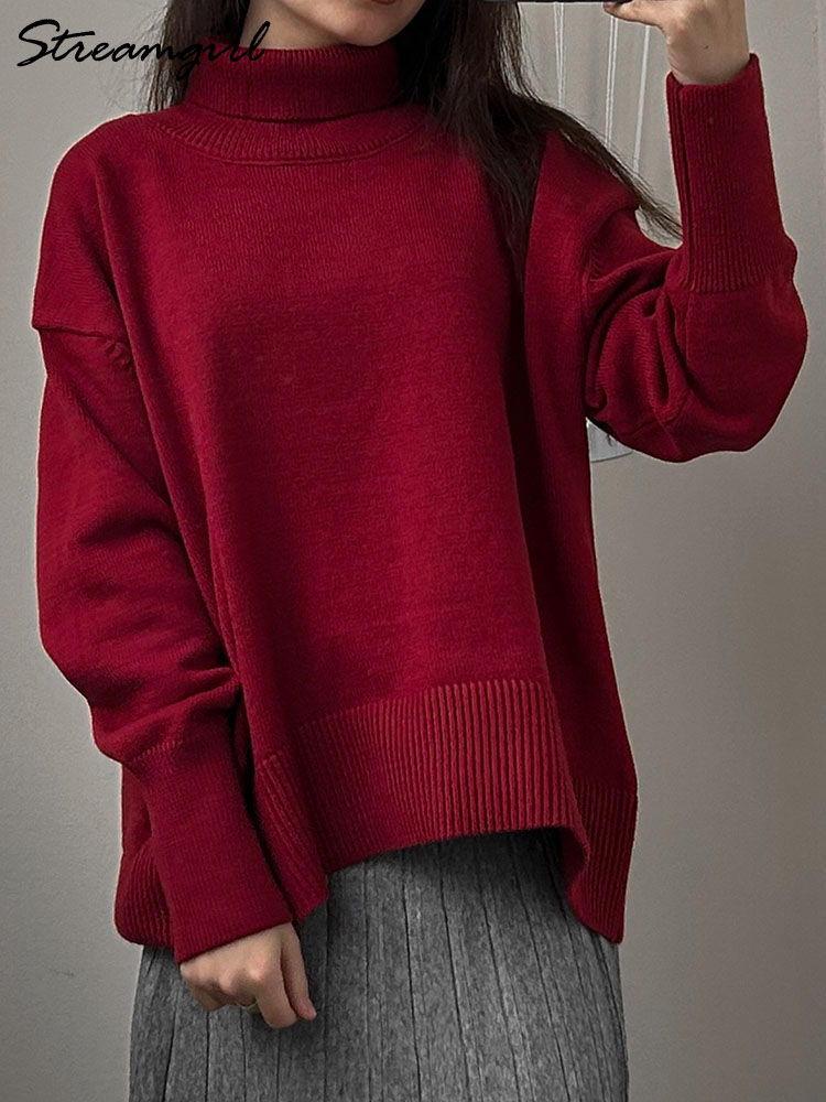 Hiver bordeaux pull femmes col roulé chaud pulls hauts en tricot marron pulls femmes surdimensionné épais basique femmes chandails