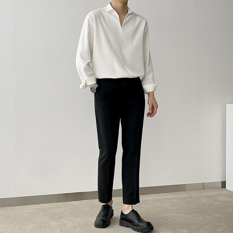 Nouveau coréen col en V hommes chemises de luxe décontracté Style tombant mince couleur unie à manches longues pull Blouse de haute qualité haut d'automne