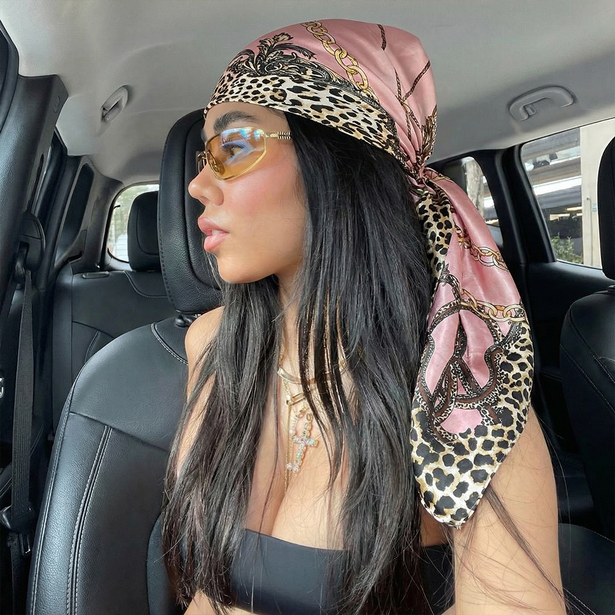 Foulard carré imprimé à motif chaîne pour femme, en satin doux imitation soie, écharpe, bandana, hijab de luxe, foulard élégant, châle
