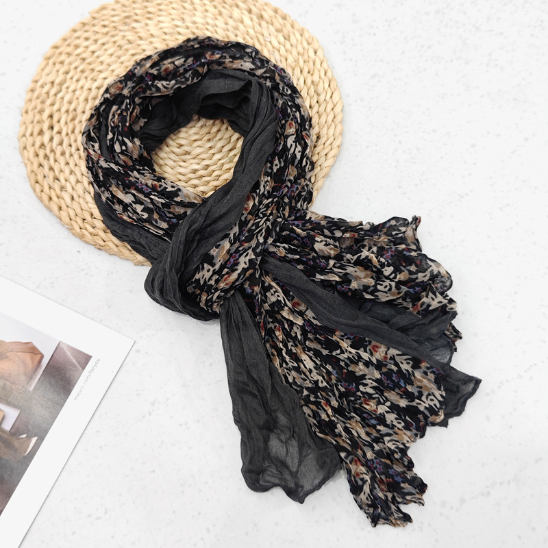 Écharpes longues en coton et lin, écharpe plissée à fleurs pour femmes, foulards bohèmes, respirants et chauds, légers, accessoires