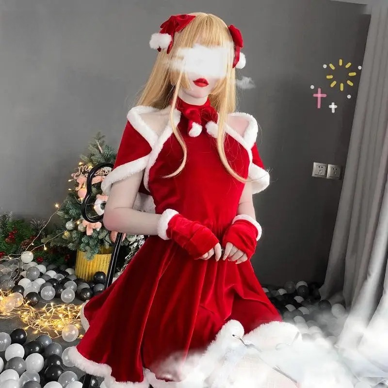 Costume de cosplay de Noël, robe, accessoires, tenue rouge du Nouvel An, cape, carnaval, tenue de fête sur le thème de Noël pour femmes adultes