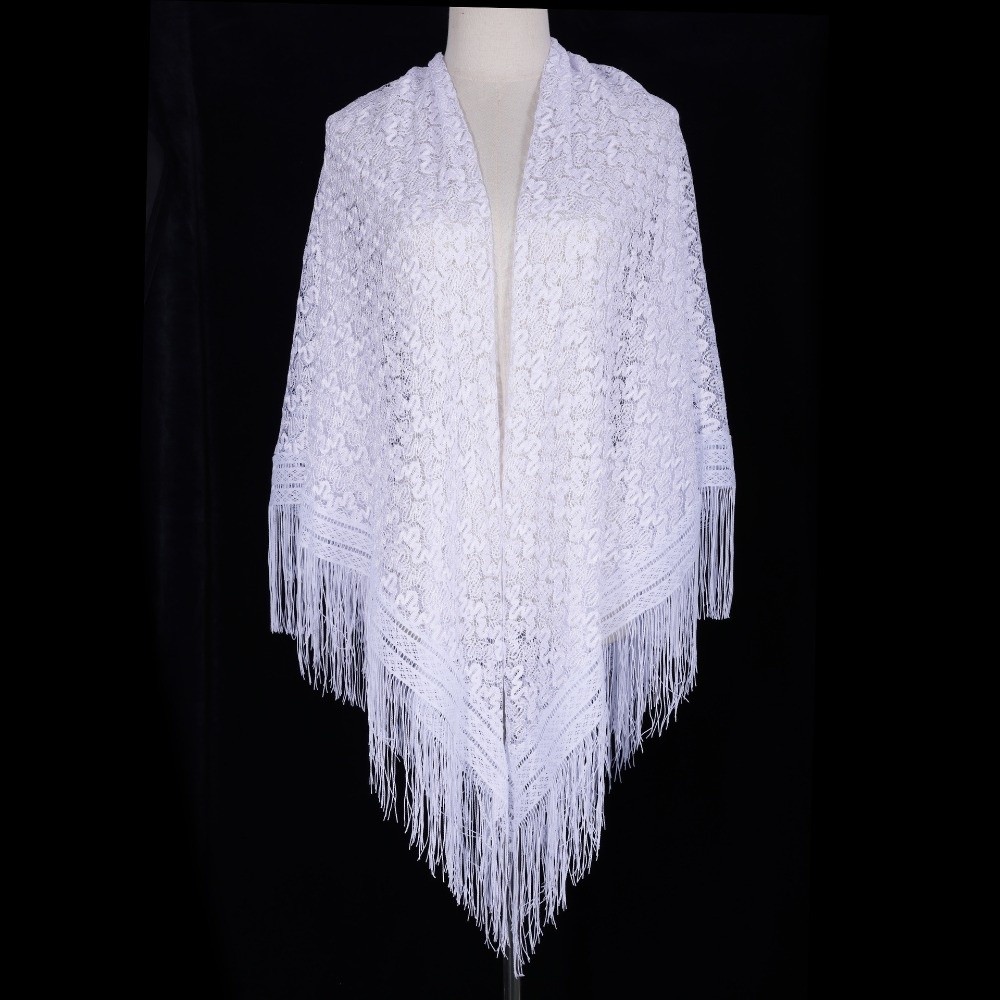 Châle en dentelle polyvalent 140×140 cm, design ajouré, élégant avec pompons, écharpe cape respirante pour femme