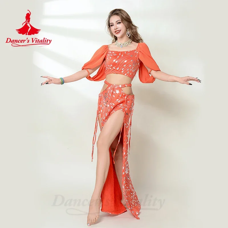 Costume de danseuse du ventre pour femmes, haut à demi-manches + jupe longue imprimée, 2 pièces, vêtements de spectacle de danse du ventre orientale pour adultes