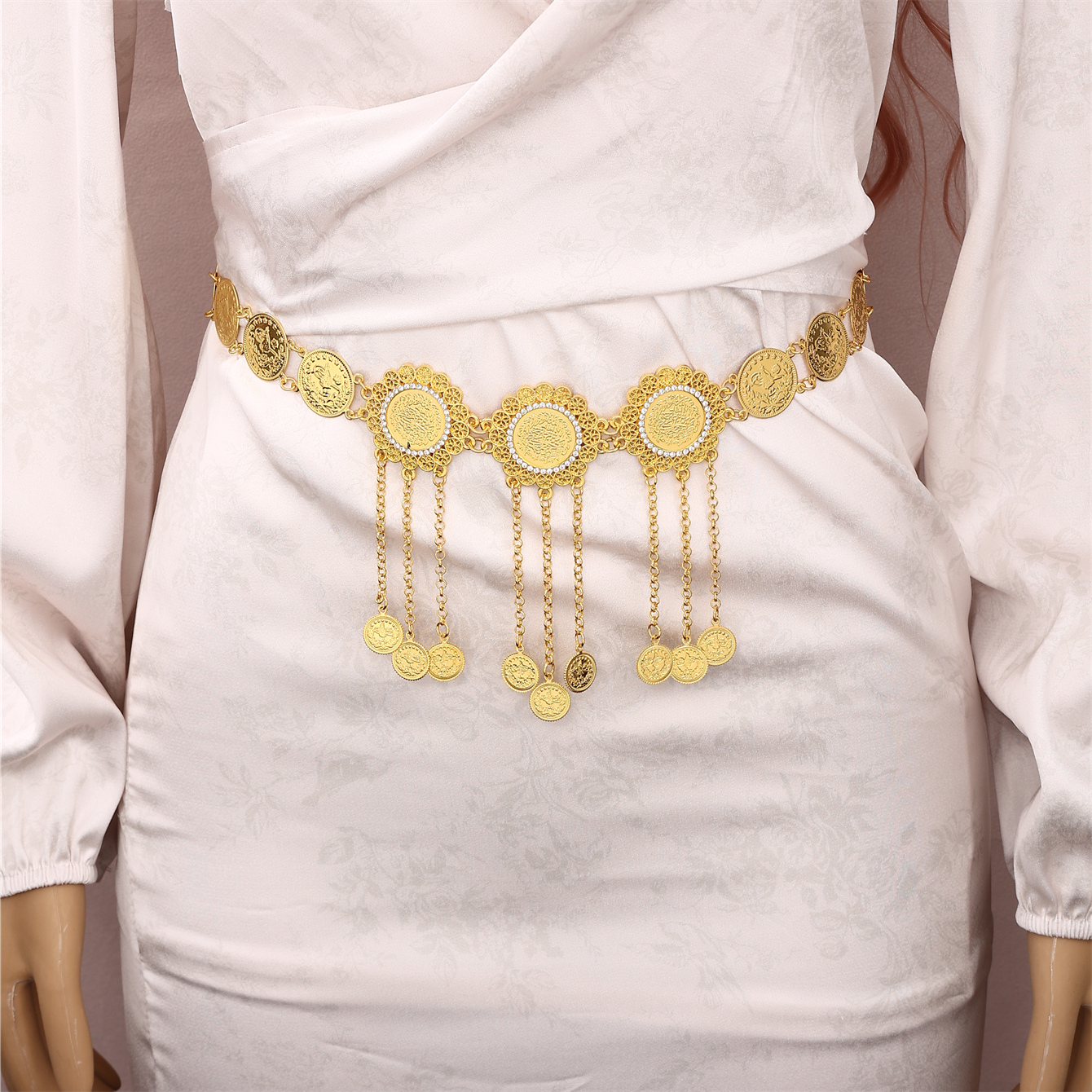 1 pièce de ceinture pour femme arabe, conception de pièce de monnaie turque, incrustée de strass, chaîne de taille pour bijoux de Banquet de Festival pour dame