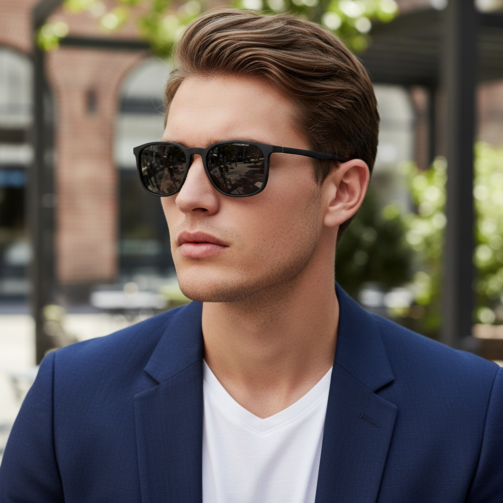 Nouvelles lunettes de soleil simples à monture noire mate avec protection UV, adaptées à un usage quotidien. 3234