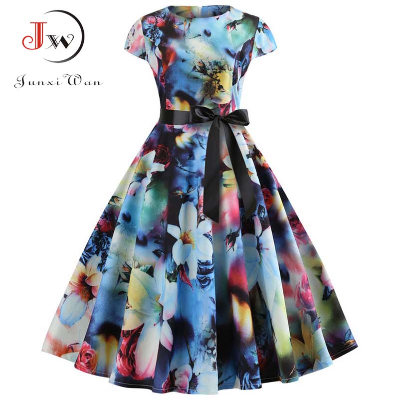Femmes robe Vintage été imprimé fleuri robes à manches courtes 50s 60s bureau fête Rockabilly Swing rétro Pinup grande taille