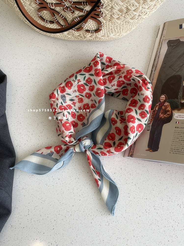 Foulard carré en coton et lin à pois floraux, style Mori littéraire, bandeau, sangle de sac, pour femme, populaire au Japon et en Corée