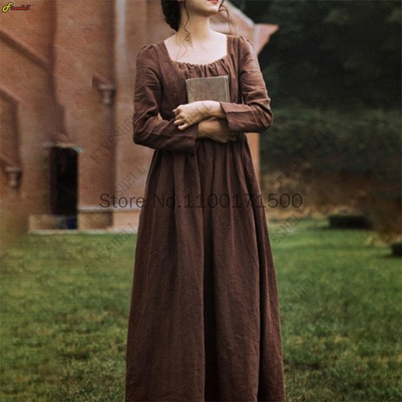Robe rétro victorienne médiévale pour femme, col carré, manches longues, taille haute, français, déclin, marron, bleu, tempérament, robe longue