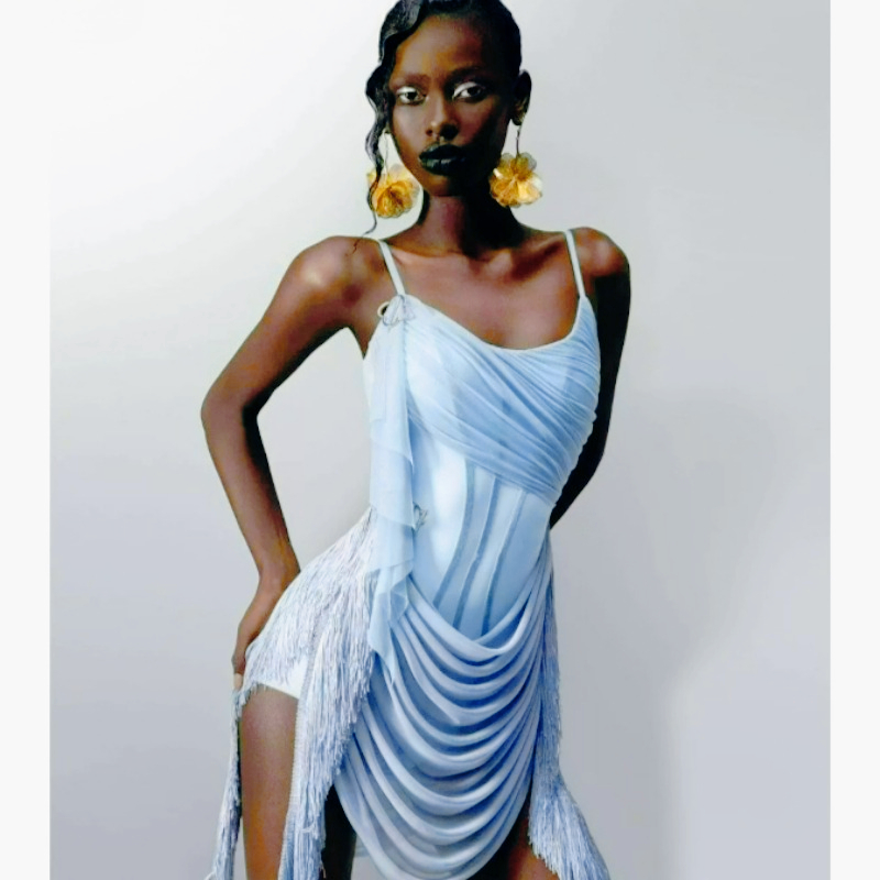Robe de danse latine pour femmes, avec bretelles, maille ajourée et jupe à franges, pour la pratique et la performance de Cha Cha, Rumba, danse de scène et de salon