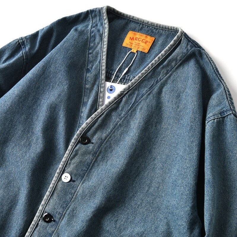 Veste en jean délavé style rétro japonais pour homme, cardigan décontracté à col en V avec poches utilitaires