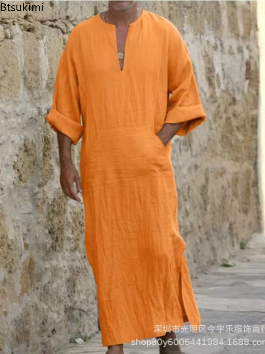 Nouveaux T-shirts longs en coton et lin pour hommes 2026, Abayas décontractées unies, Jubba Thobe Kaftan, Robes arabes islamiques à col en V et manches longues