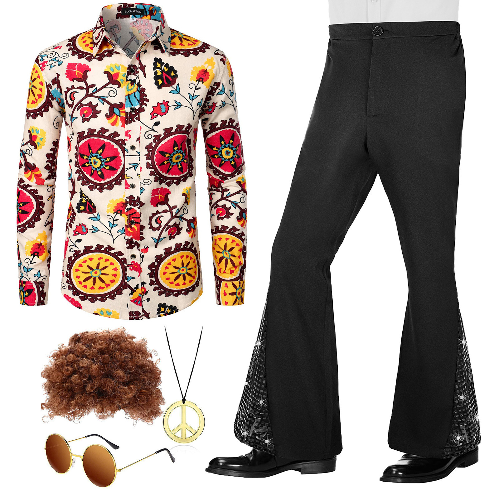 Ensemble chemise et pantalon pattes d'éléphant pour homme, style disco décontracté classique, imprimé années 70, haut avec pantalon évasé, costume de cosplay de carnaval