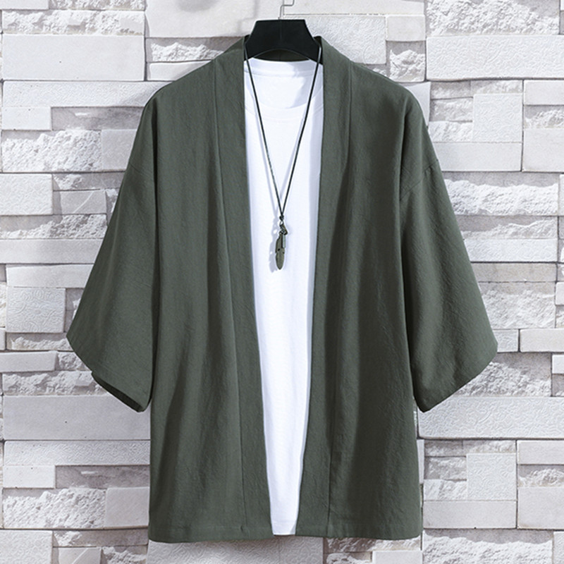 Cardigan Kimono pour hommes, vestes japonaises décontractées en coton, chemise à manches 3/4, manteau ouvert sur le devant, lin léger Yukata