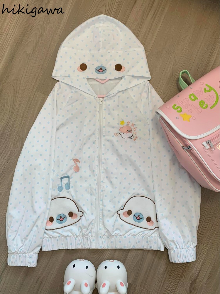 Manteaux mignons japonais à imprimé dessin animé, vêtements d'extérieur fins d'été 2026, vestes à capuche à pois pour femme, hauts décontractés chics amples anti-UV