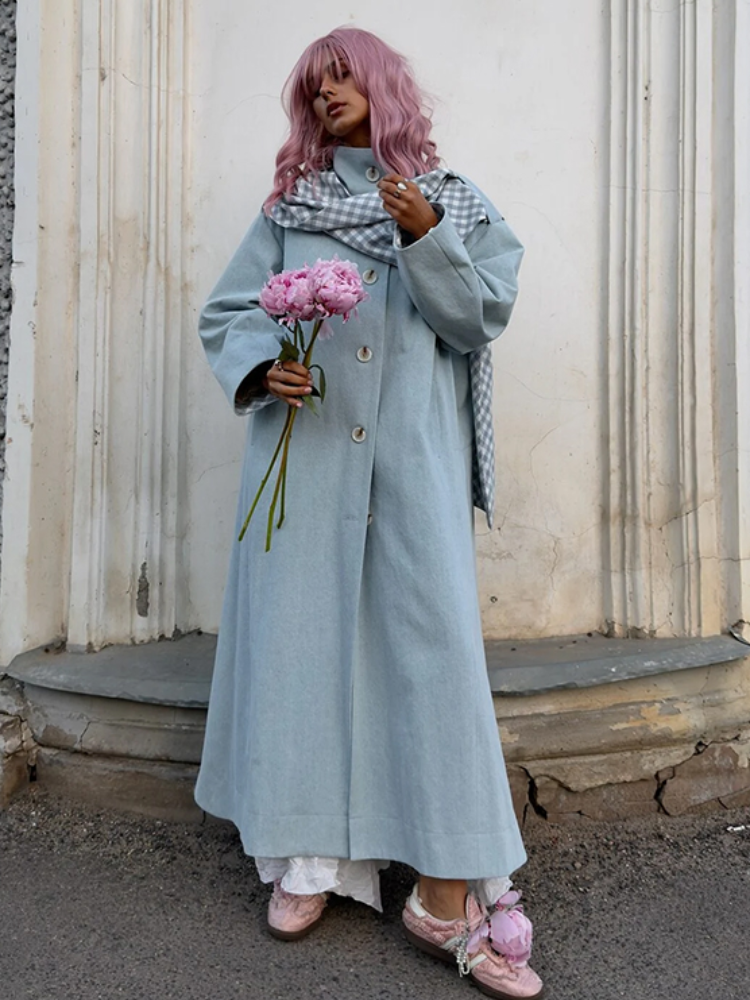 Manteau long trench à col montant ample et manches longues pour femme, coupe-vent fendu à boutonnage simple avec écharpe à carreaux, manteau d'automne 2026 pour femme