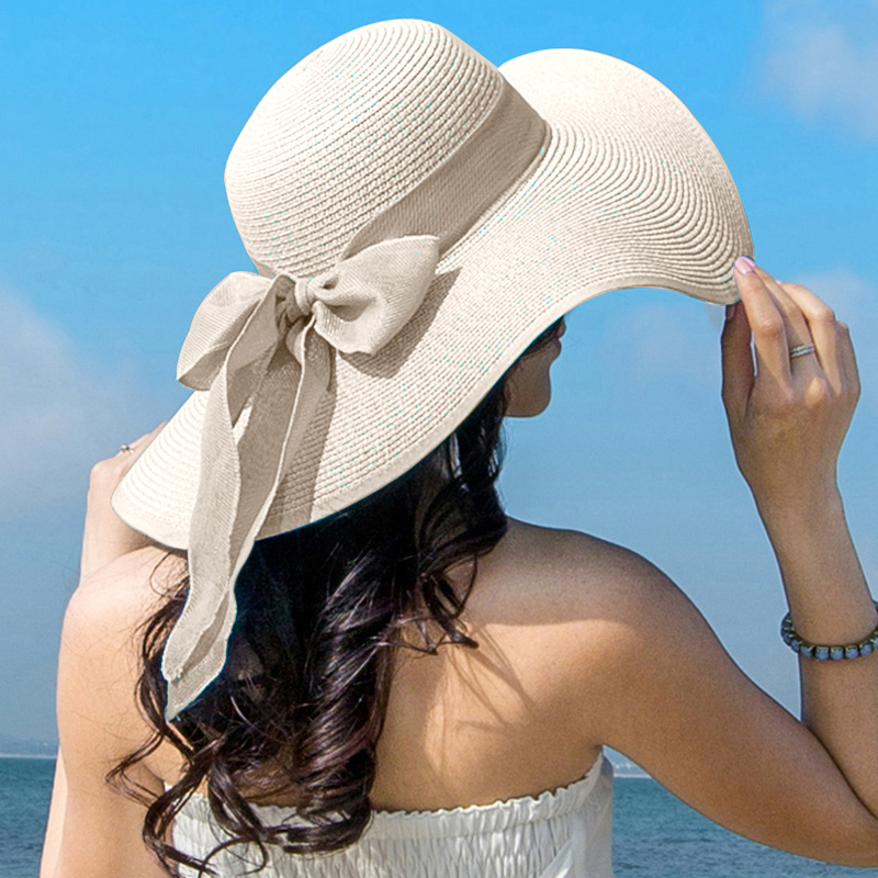 Chapeau de paille d'été pour femme avec nœud, large bord souple, style Panama, pliable, pour la plage et l'extérieur