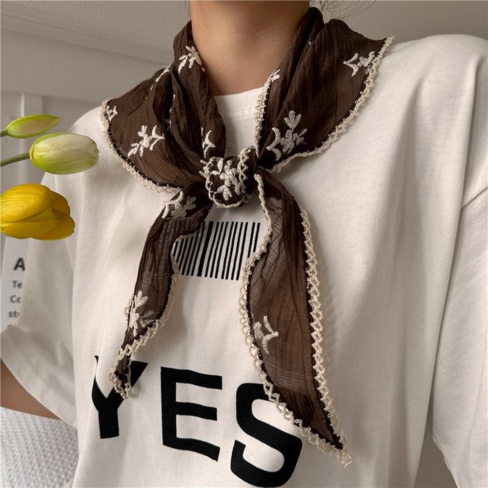 Foulard de cou, châle, bandeau, bandana, mouchoir, écharpe de tête, style pastoral bohème, en dentelle florale et coton lin, triangulaire, pour l'été
