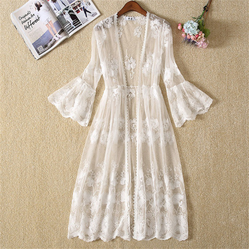 Cardigan Kimono Long en dentelle blanche pour femme, mode coréenne, Sexy, ajouré, plage, blanc, manches longues, manteau fin, veste d'été, 2026
