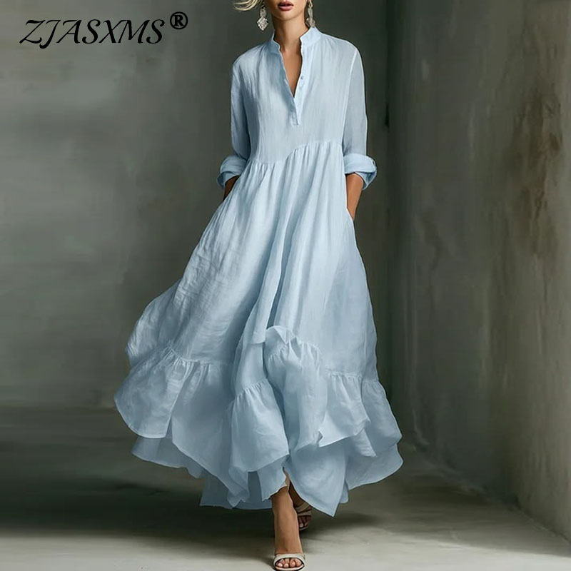 Robes décontractées pour femmes Printemps 2026 – Élégante robe longue trapèze à col en V et taille haute, style rétro uni, manches 3/4, ourlet à volants, robe maxi bohème