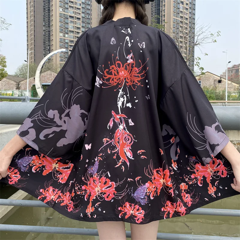 Kimono japonais blanc imprimé fleurs, vêtements traditionnels pour femmes, Haori Obi, ceinture de plage
