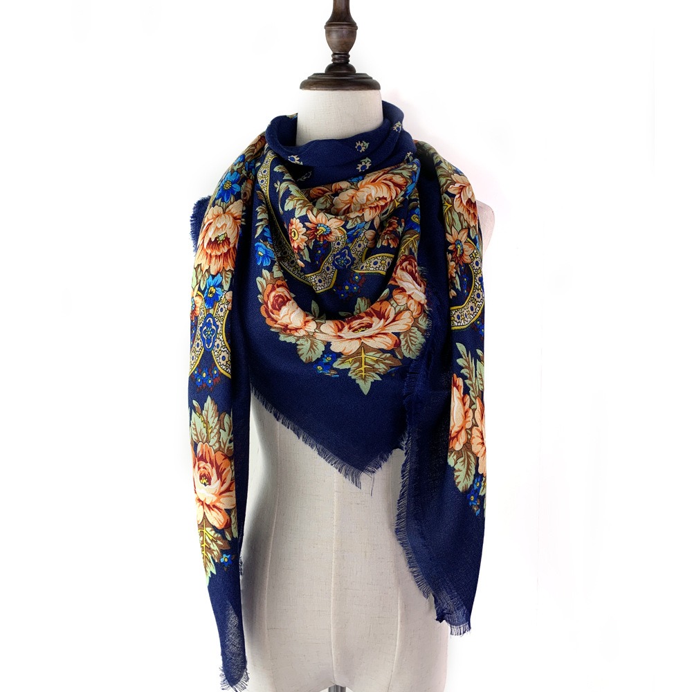 Écharpes châles pour femmes 130×130cm, foulard carré russe de luxe respirant, imprimé floral, châle ethnique fin, bandana d'été