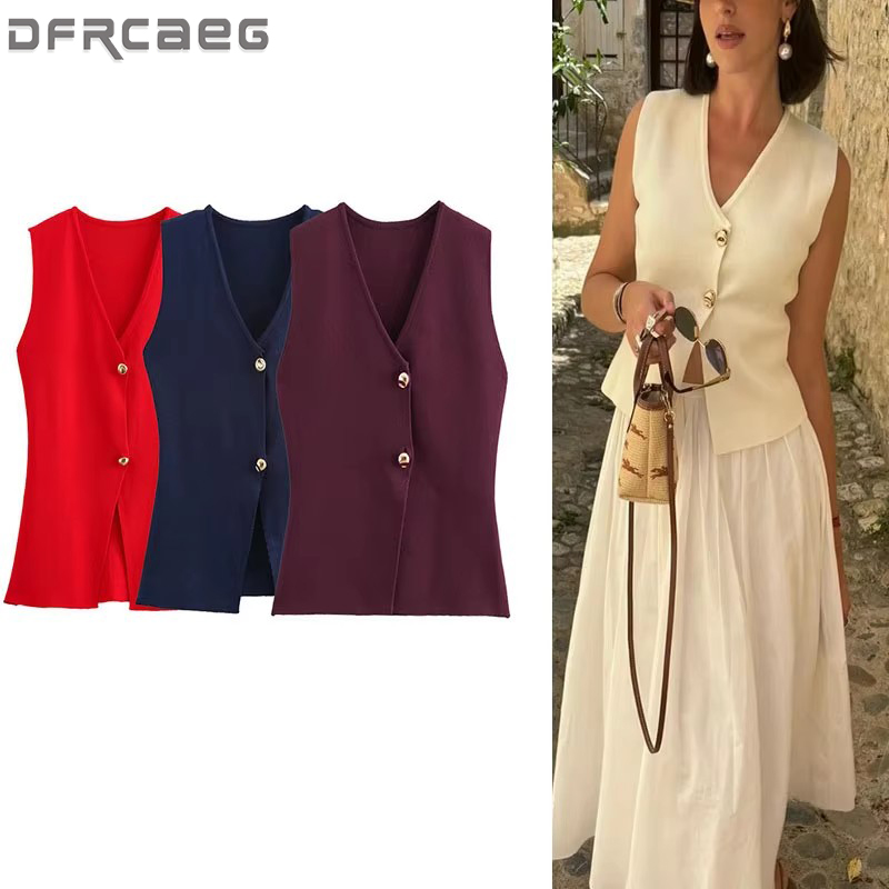 Tricot sans manches gilet femme bouton nouveau 2025 printemps recadrée gilets pour femmes Streetwear basique gilet haut femmes tricoté gilet pour les femmes