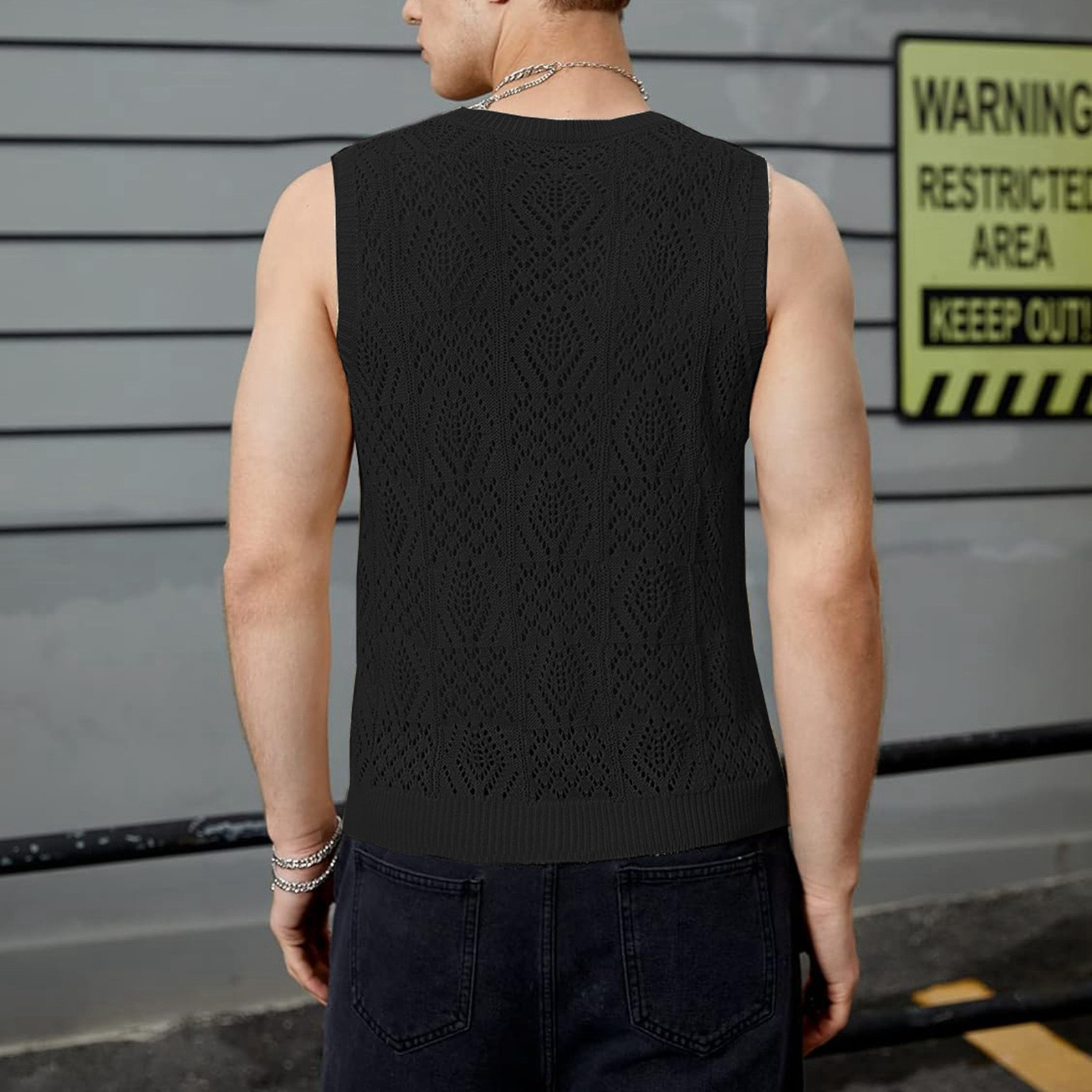 Hauts de plage pour hommes, gilet tricoté ajouré, col rond, sans manches, vêtements masculins avec dessins, Camiseta Sin Mangas Hombre