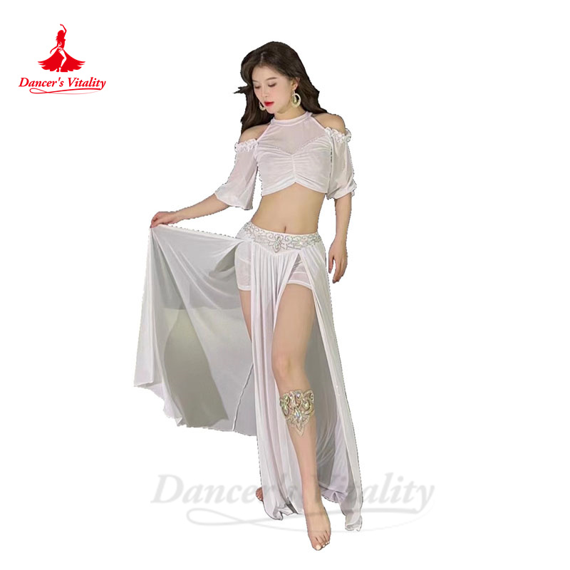 Ensemble de costumes de danse du ventre pour femmes, haut en gaze à demi-manches + jupe fendue avec pierres AB senior, tenue de danse du ventre orientale pour adultes, 2 pièces