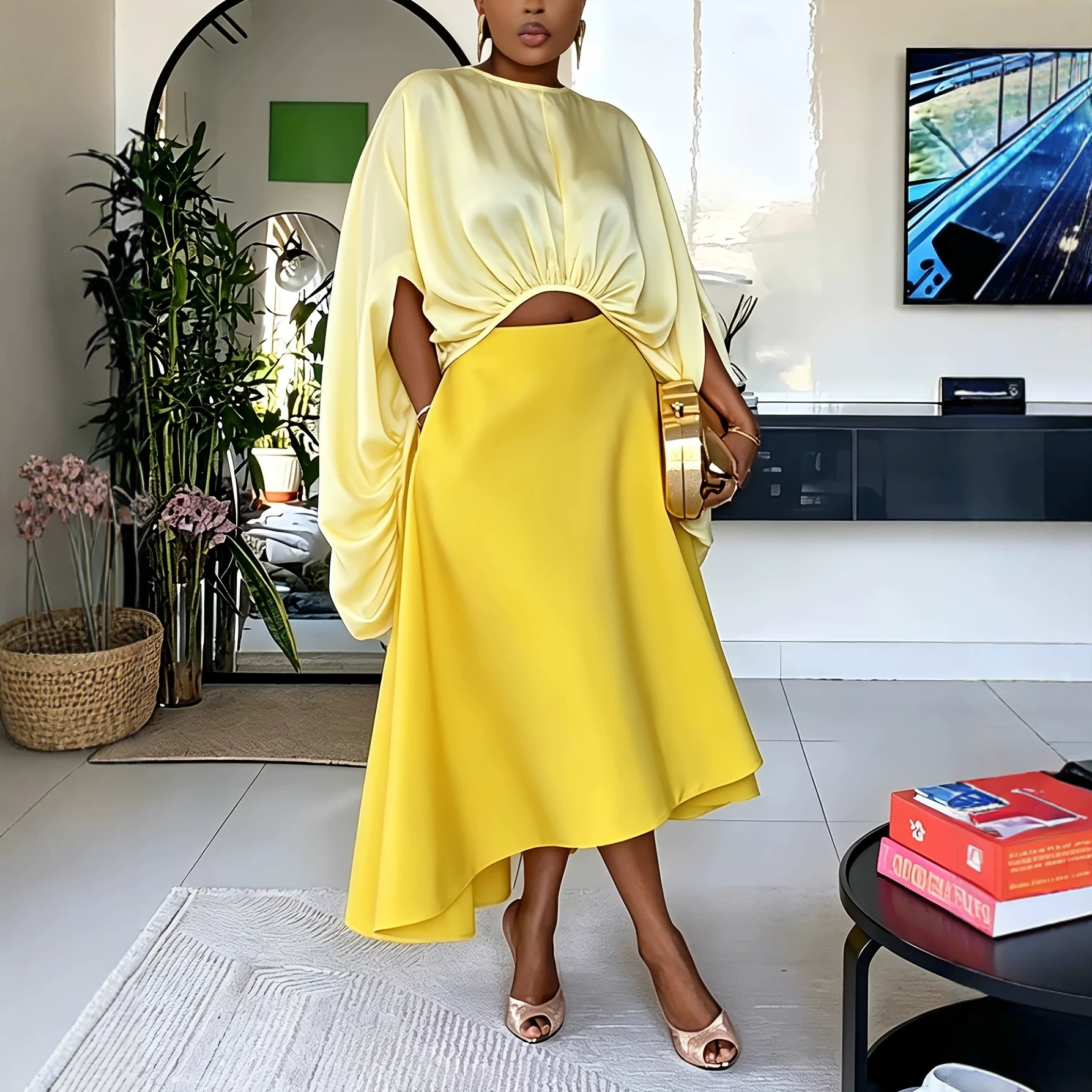 Ensemble deux pièces en satin pour femme : haut court à manches chauve-souris et jupe midi asymétrique avec poches – Ensemble élégant et assorti