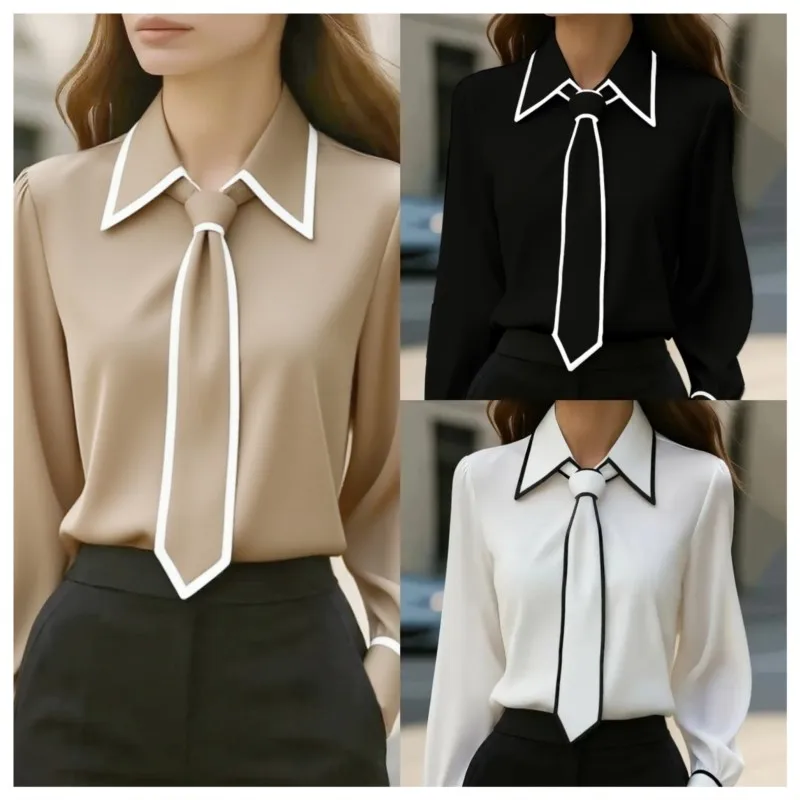 Chemisier pour femmes, chemise à la mode, nœud papillon formel, manches longues, garniture contrastée, vêtements de travail ajustés, chemises de bureau élégantes pour dames