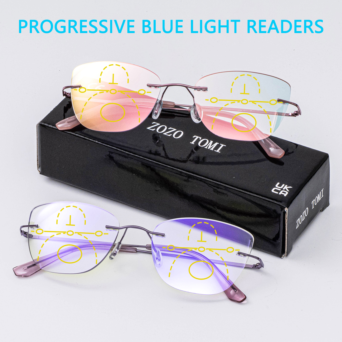 Lunettes de lecture œil-de-chat progressives multifocales pour femmes, avec revêtements roses et violets, monture sans cerclage, branches flexibles, confortables