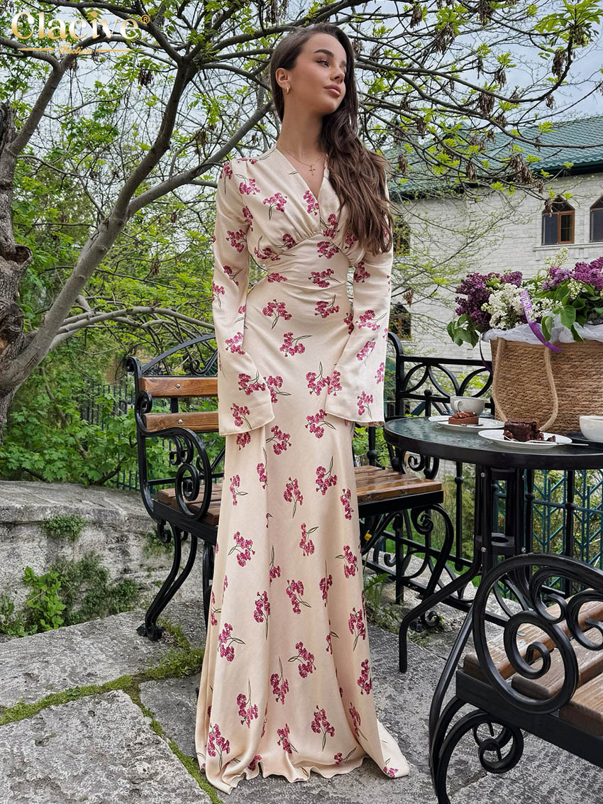 Clacive moulante imprimé robe pour femme 2025 mode col en v à manches longues robes Maxi élégant classique taille haute robe féminine