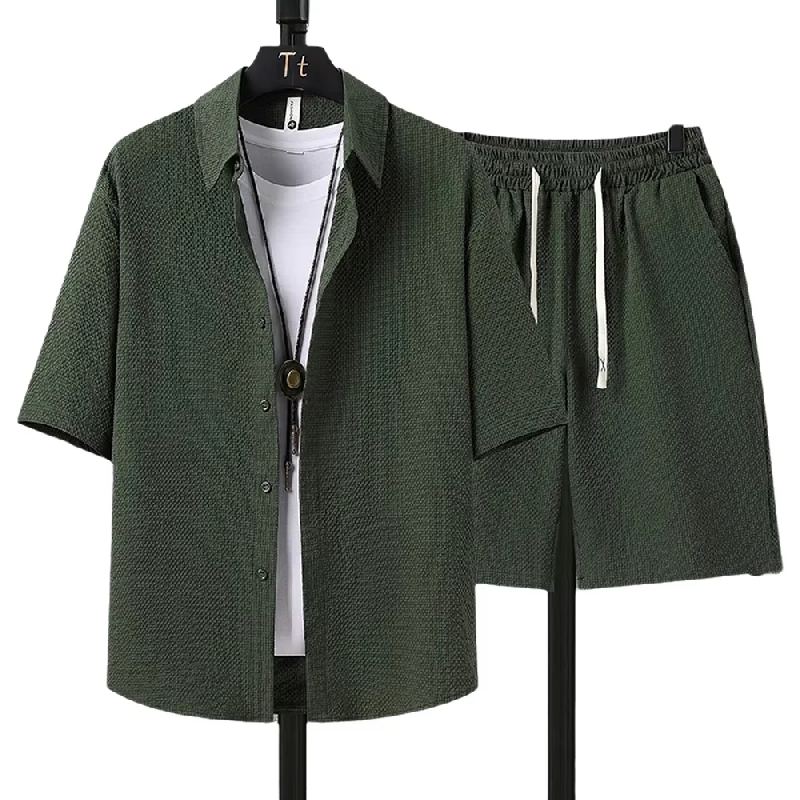【Chemise + pantalon 5 points】Ensemble chemise à manches courtes pour hommes, mode d'été, couleur unie, en seersucker, ensemble deux pièces ample, simple et polyvalent