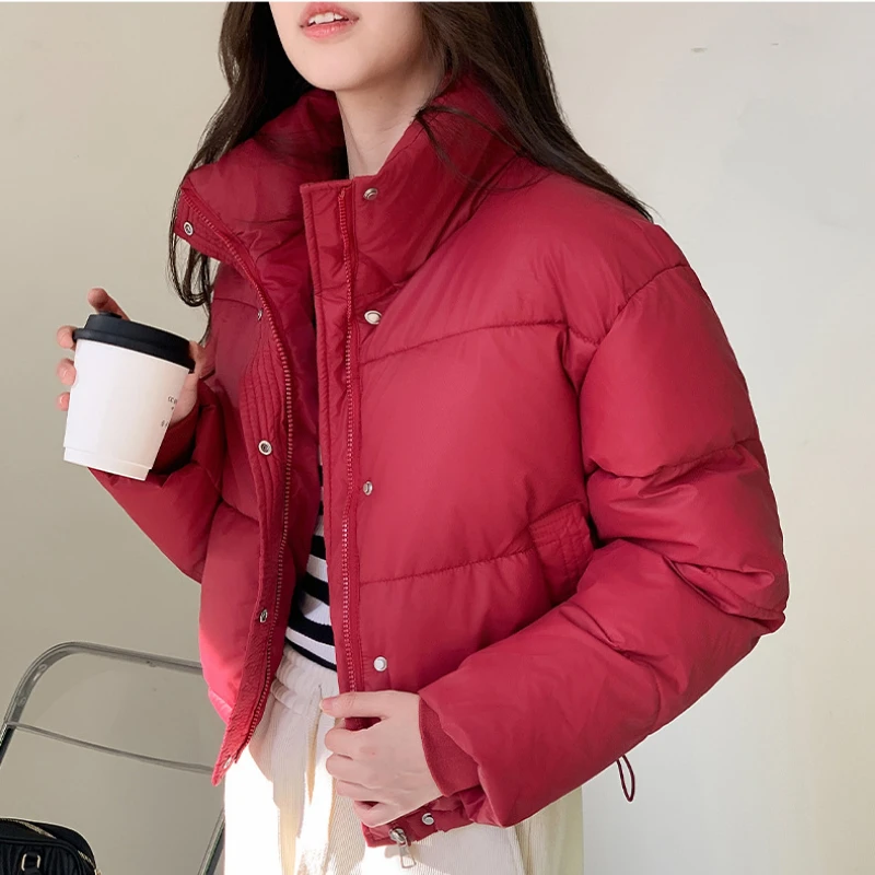 Veste courte d'hiver pour femmes, vêtements chauds, bouffants courts, légers et chics, col montant, veste rembourrée en coton pour étudiantes, nouvelle collection