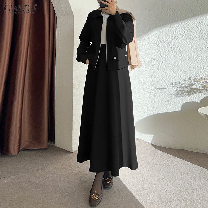 Tenues modestes pour femmes, ensembles de jupes longues à manches longues et jupes maxi évasées en 2 pièces, ensembles ZANZEA, tenues musulmanes islamiques avec hijabs