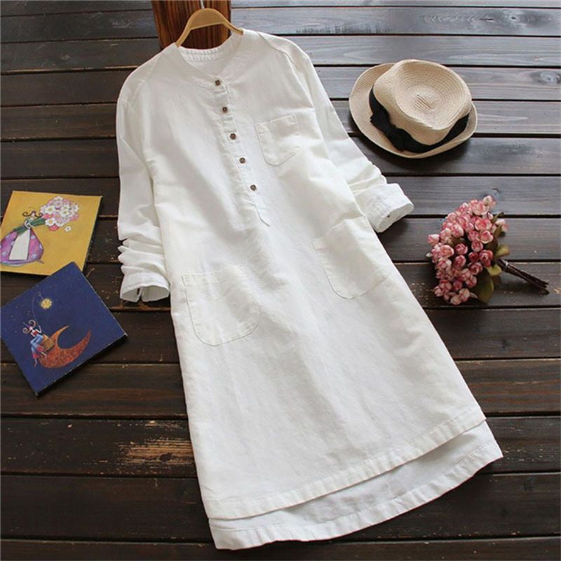 Robe chemise pour femme en coton et lin, boutonnée, ample, à manches longues, mi-longue, unie, décontractée, pour le bureau, printemps automne